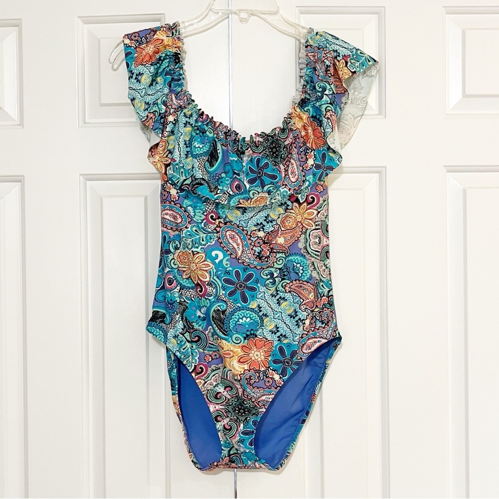 Bleu Rod Beattie Colorful Floral Paisley Ruffle Teal Blue One-Piece Swimsuit. 10 - Picture 3 of 14